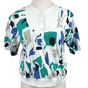 Vintage 80s Womens (M) Geometric Henley Shirt Elastic Waist Preppy Geometric